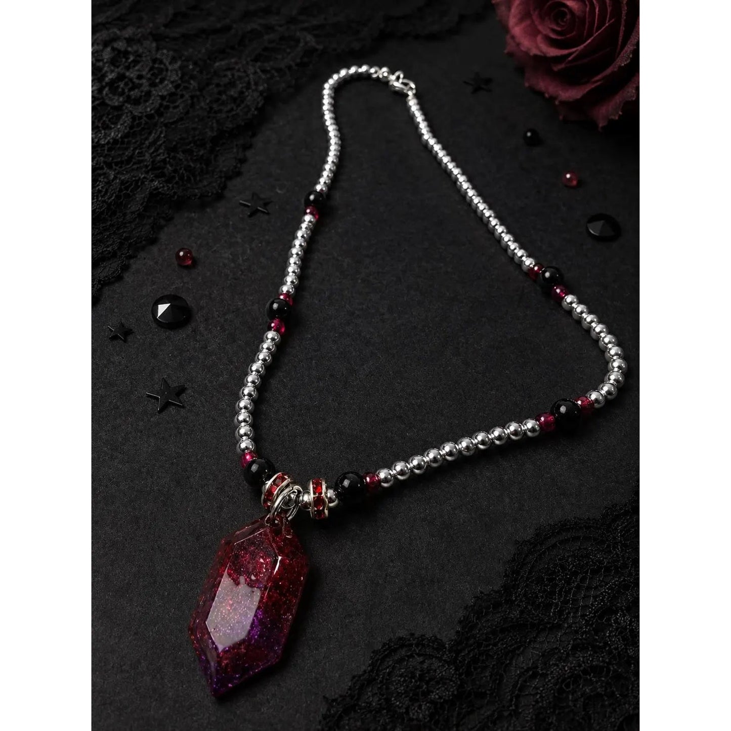 Burgundy Gothic Jewelry Set Red & Purple Resin Crystal Pendant Necklace Earrings