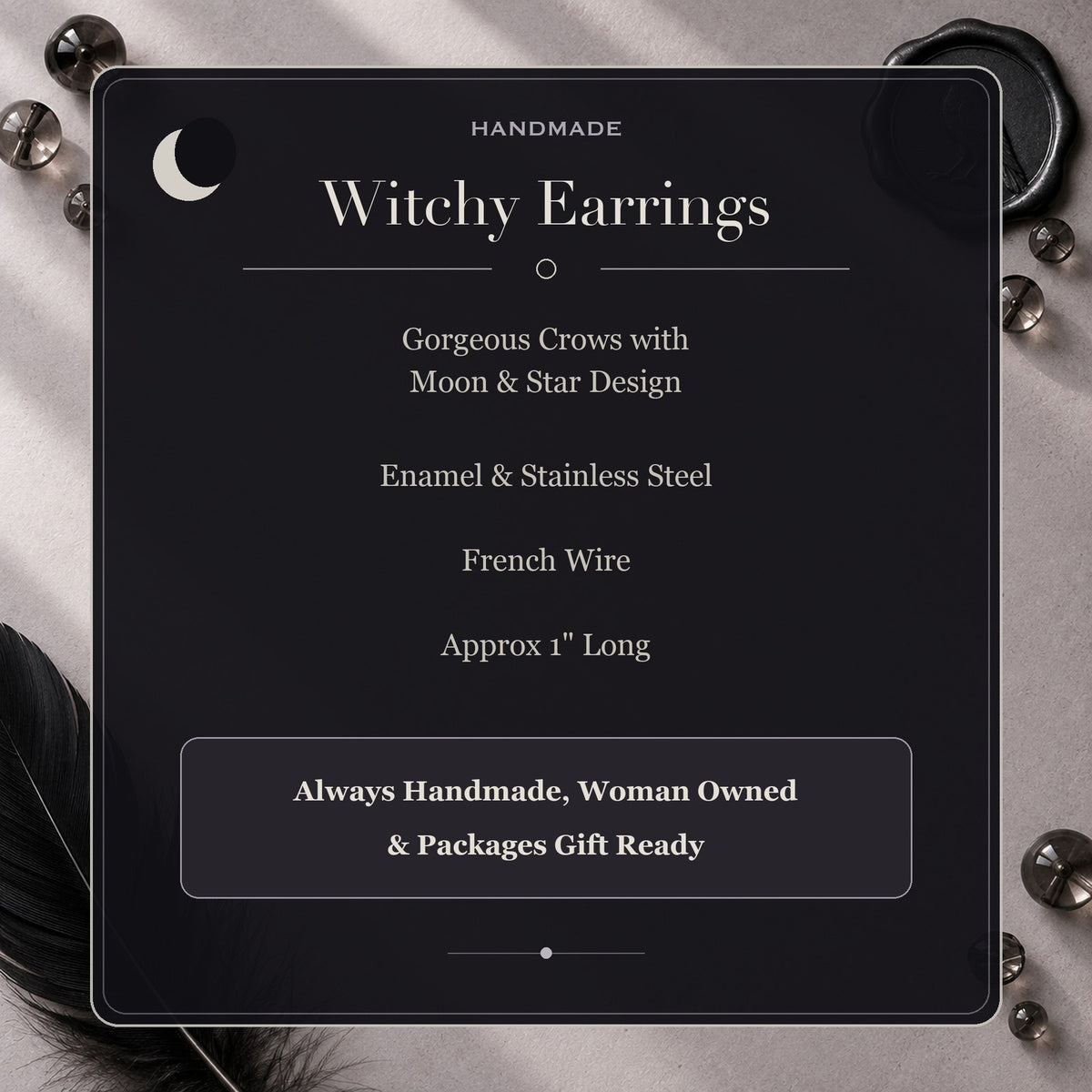 Gothic Witchy Crow Raven Dangle French Wire Earrings