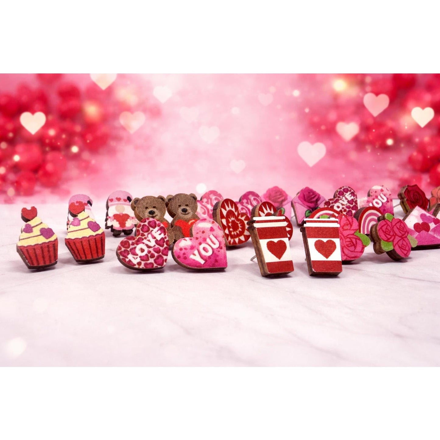 Valentine’s Wooden Stud Earrings Set – 7 Coordinated Pairs of Festive Studs