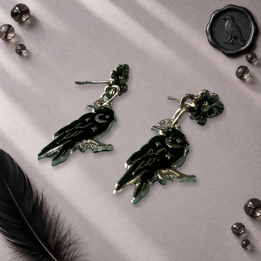 Gorgeous Witchy Goth Crow Raven Dangle Earrings With Floral Stud