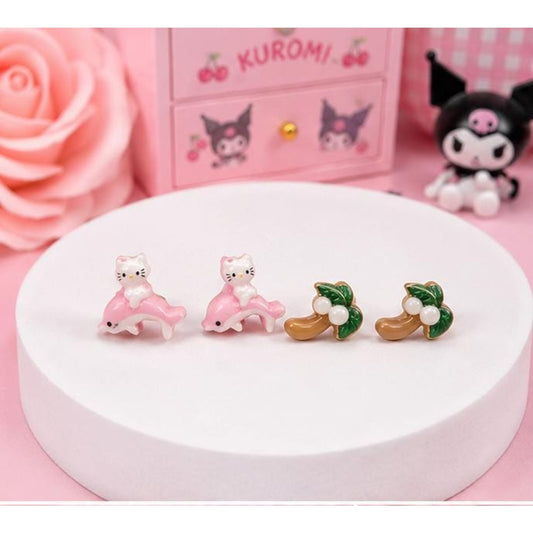 Hello Kitty Pink Dolphin & Palm Tree Stud Earrings Set, Cute Summer Resin Earrings, Beach Kitty Earrings, Tropical Jewelry Gift