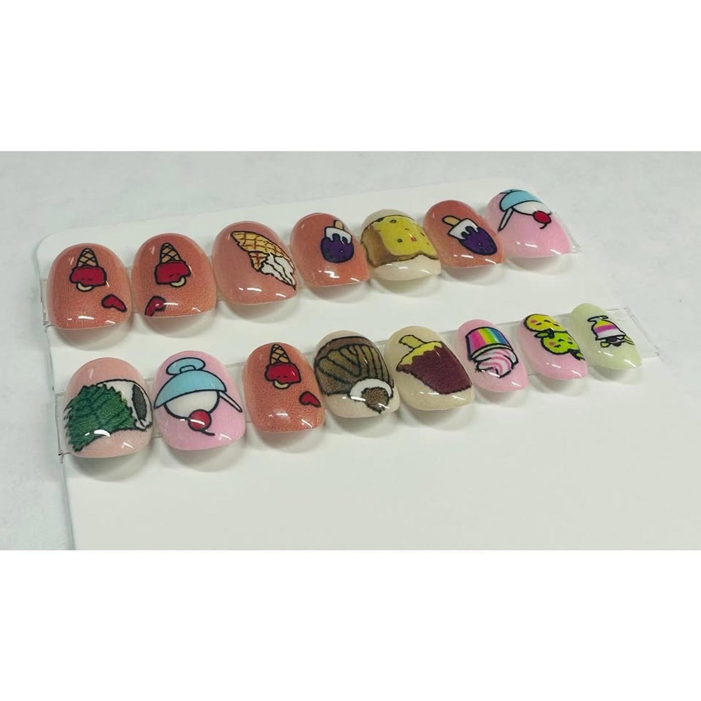 HAND CRAFTED NAIL SET OF 15 GLUE OR PRESS ON SIZE SMALL FOOD THEME