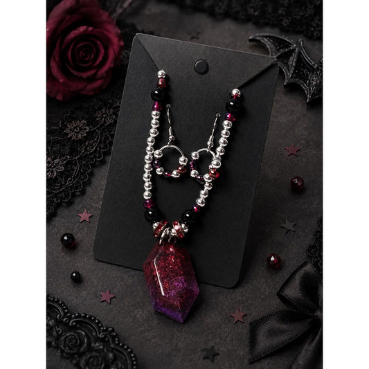 Burgundy Gothic Jewelry Set Red & Purple Resin Crystal Pendant Necklace Earrings