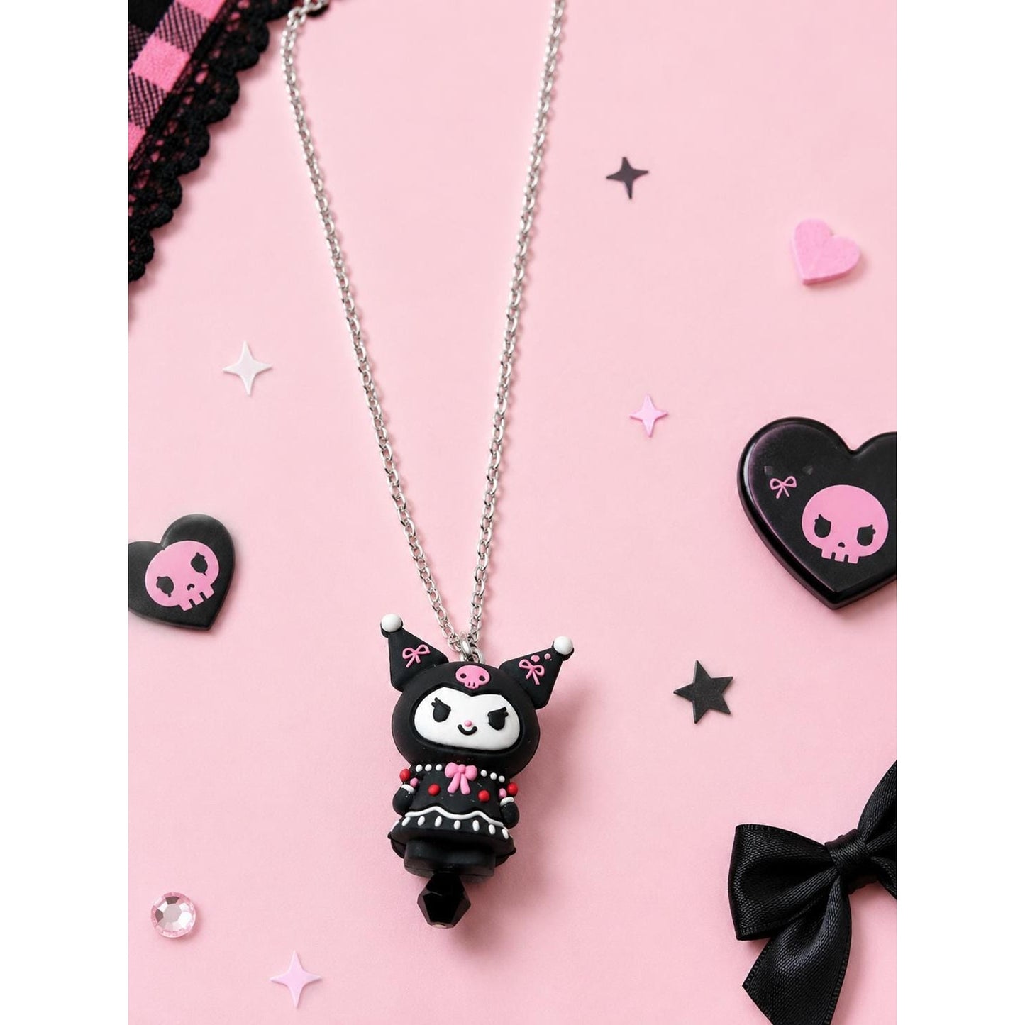 Kuromi Necklace | Kawaii Goth Pendant Necklace | Cute Sanrio Inspired Jewelry | 18” Chain | Pink & Black Kuromi Gift for Her
