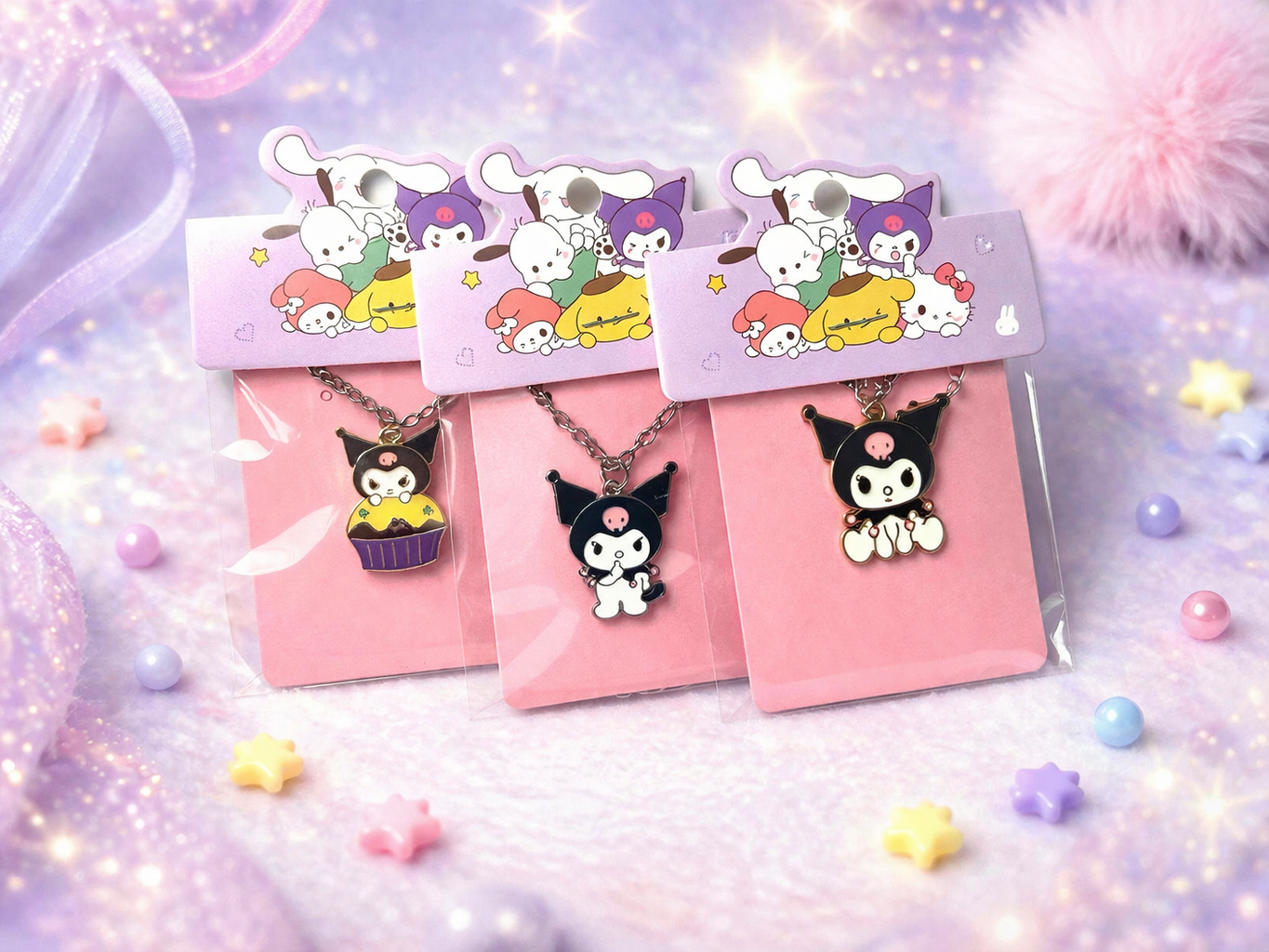 Kuromi Necklace Set of 3, Sanrio Inspired Jewelry Bundle, 24” Silver Chain Charms, Handmade Kawaii Goth Gift Set
