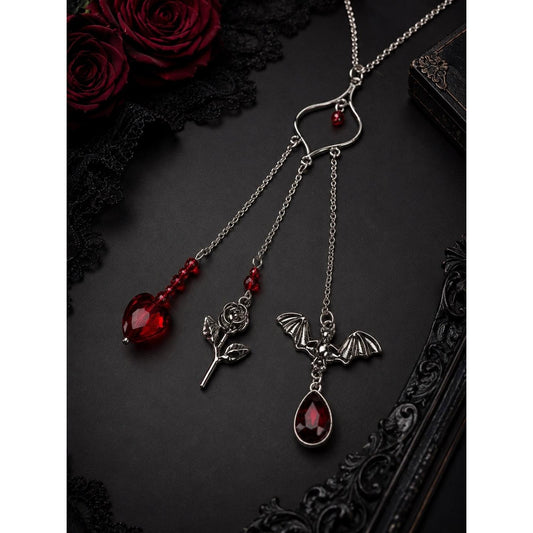 Handmade Gothic Triple Dangle Necklace | Silver Tone Heart Pendant with Bat, Rose & Red Crystal Charms | Dark Romantic Jewelry Gift