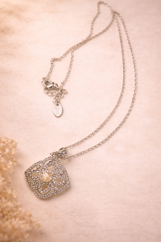 Marie Louise Necklace – Light Yellow Citrine & White Topaz, Sterling Silver Chain, French Filigree Pendant, Versailles Collection, 24”