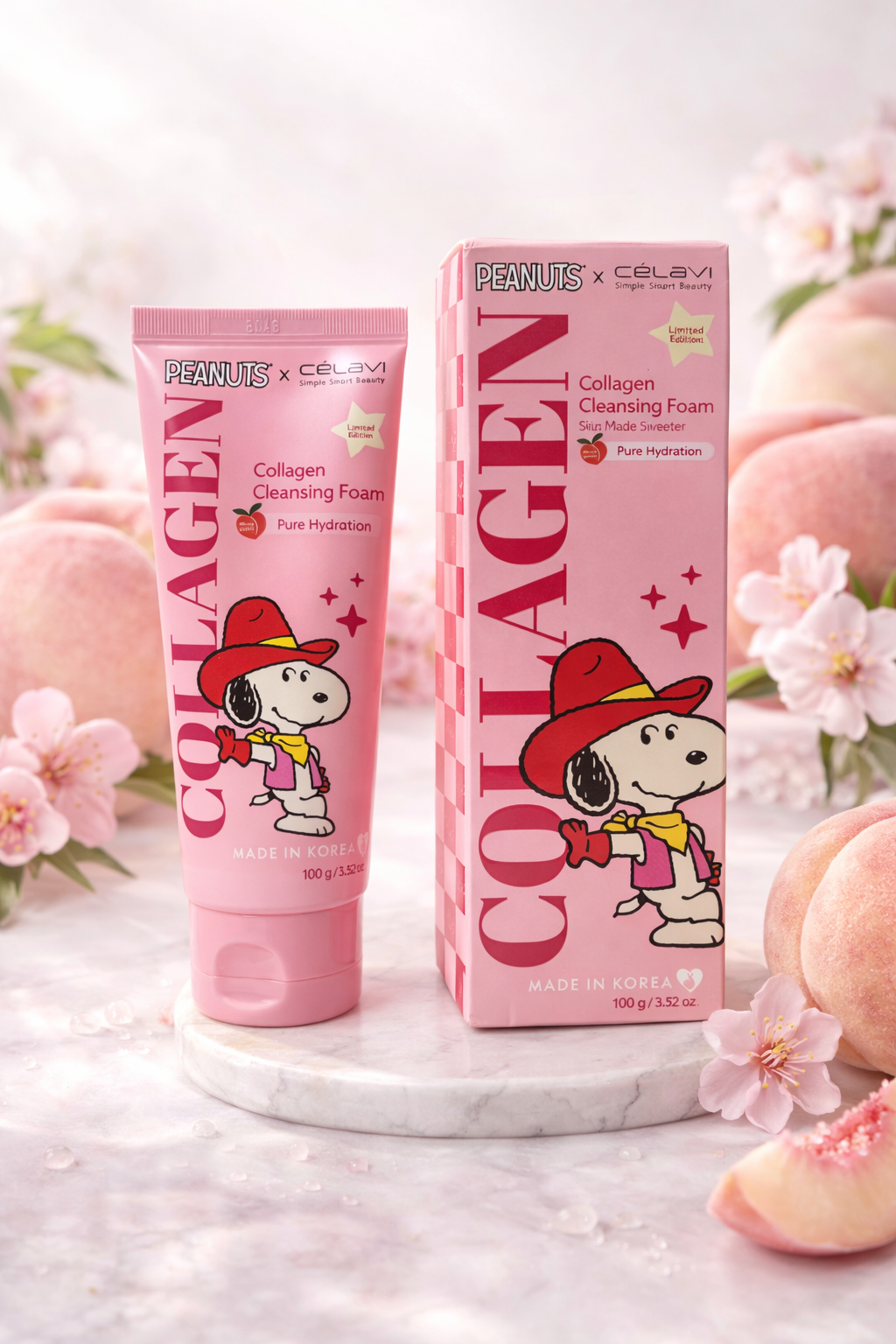 Peanuts x Célavi Snoopy Collagen Cleansing Foam – White Peach Hydrating Face Wash