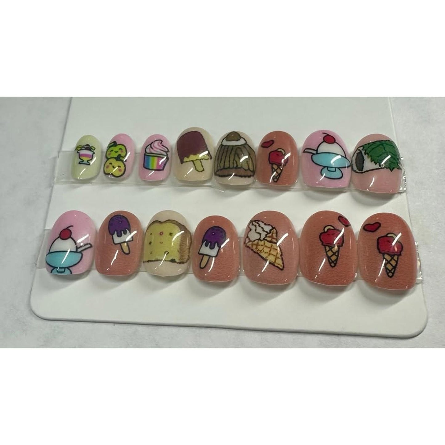 HAND CRAFTED NAIL SET OF 15 GLUE OR PRESS ON SIZE SMALL FOOD THEME