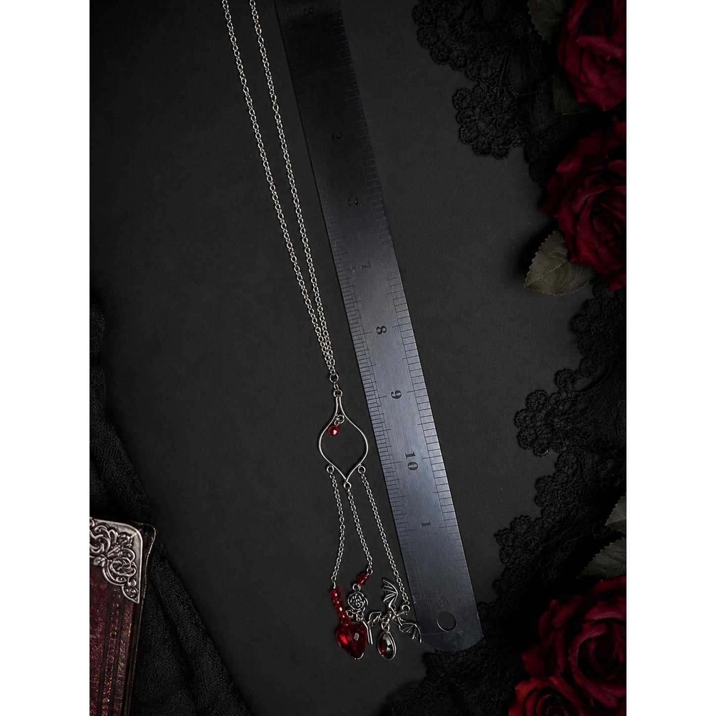 Handmade Gothic Triple Dangle Necklace | Silver Tone Heart Pendant with Bat, Rose & Red Crystal Charms | Dark Romantic Jewelry Gift