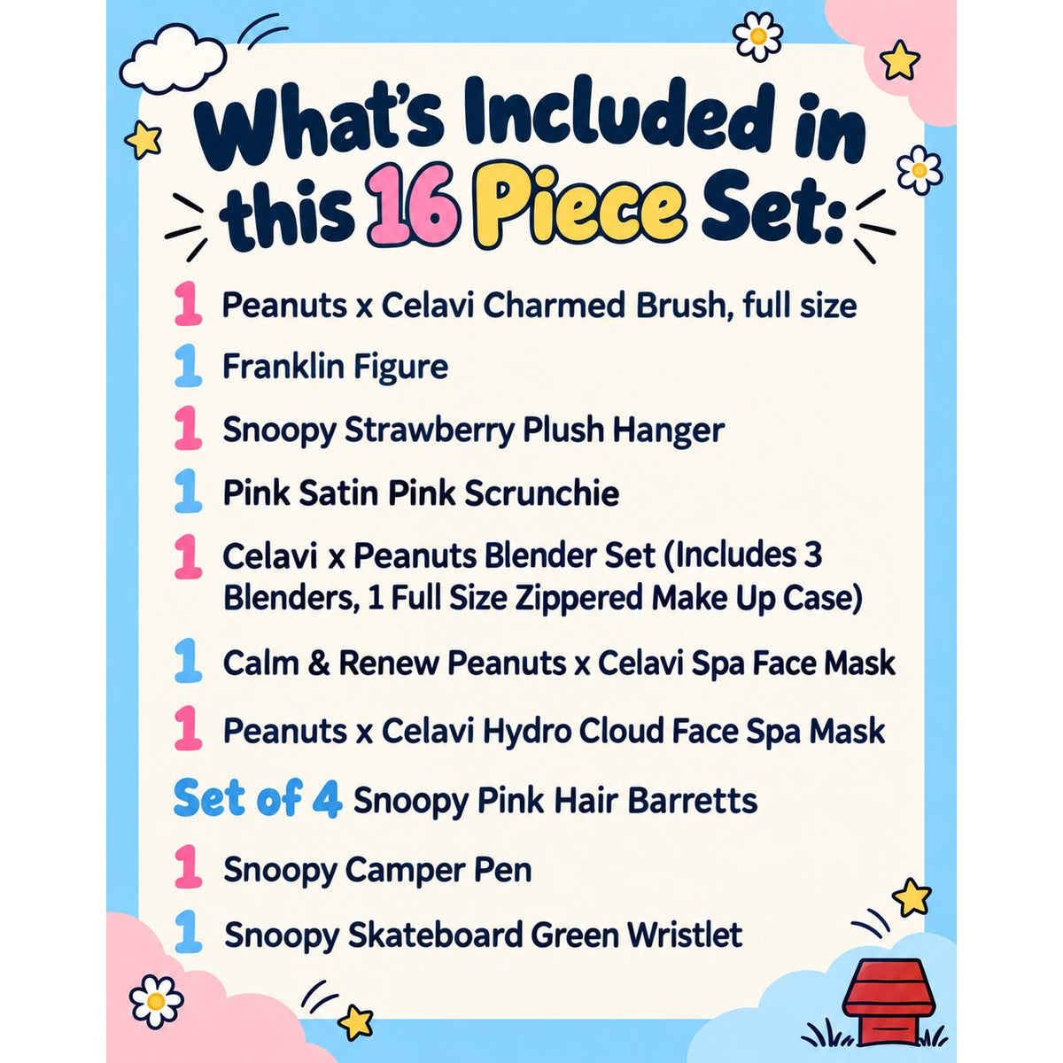 Snoopy Gift Bundle, 14 Piece Peanuts Set, Hair Brush, Scrunchie, Keychains, Lip Gloss, Face Masks & Accessories