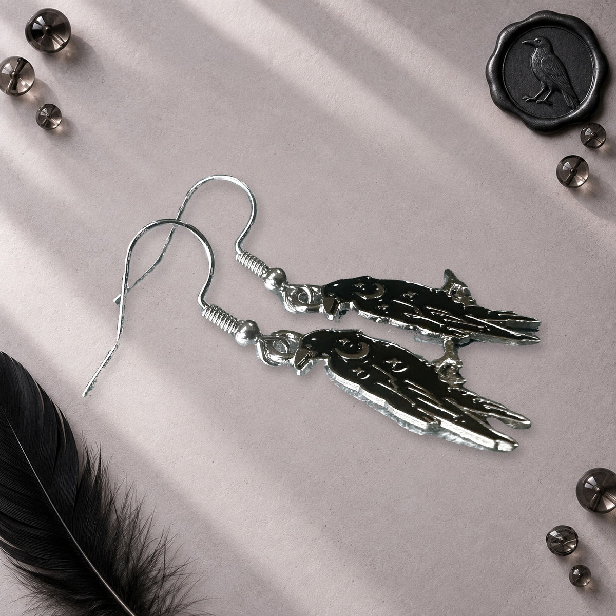 Gothic Witchy Crow Raven Dangle French Wire Earrings