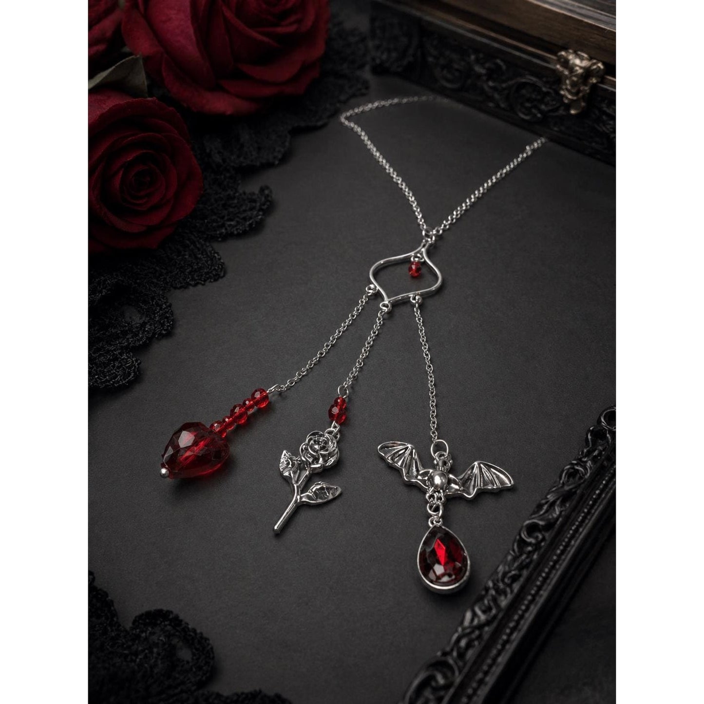 Handmade Gothic Triple Dangle Necklace | Silver Tone Heart Pendant with Bat, Rose & Red Crystal Charms | Dark Romantic Jewelry Gift