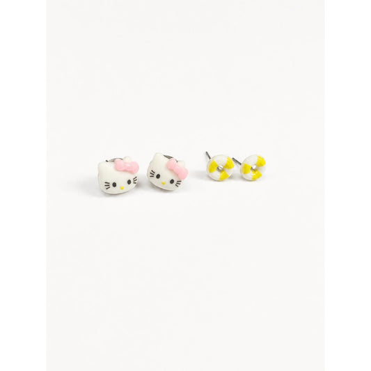 Hello Kitty Summer Stud Earrings Set | Hello Kitty Face & Life Preserver Stud Earrings | Cute Kawaii Earrings 2 Pair Set