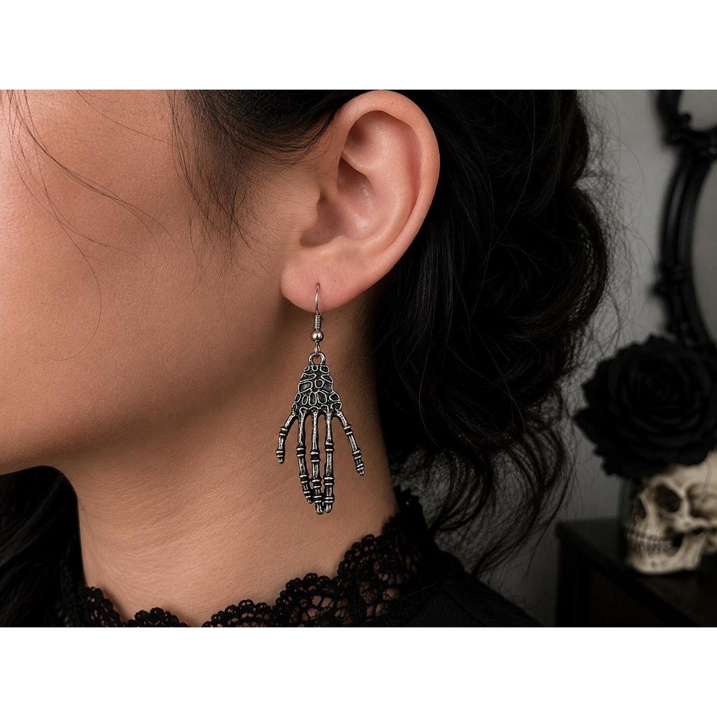 Skeleton Hand Dangle Earrings Gothic Halloween Silver Tone Spooky Jewelry