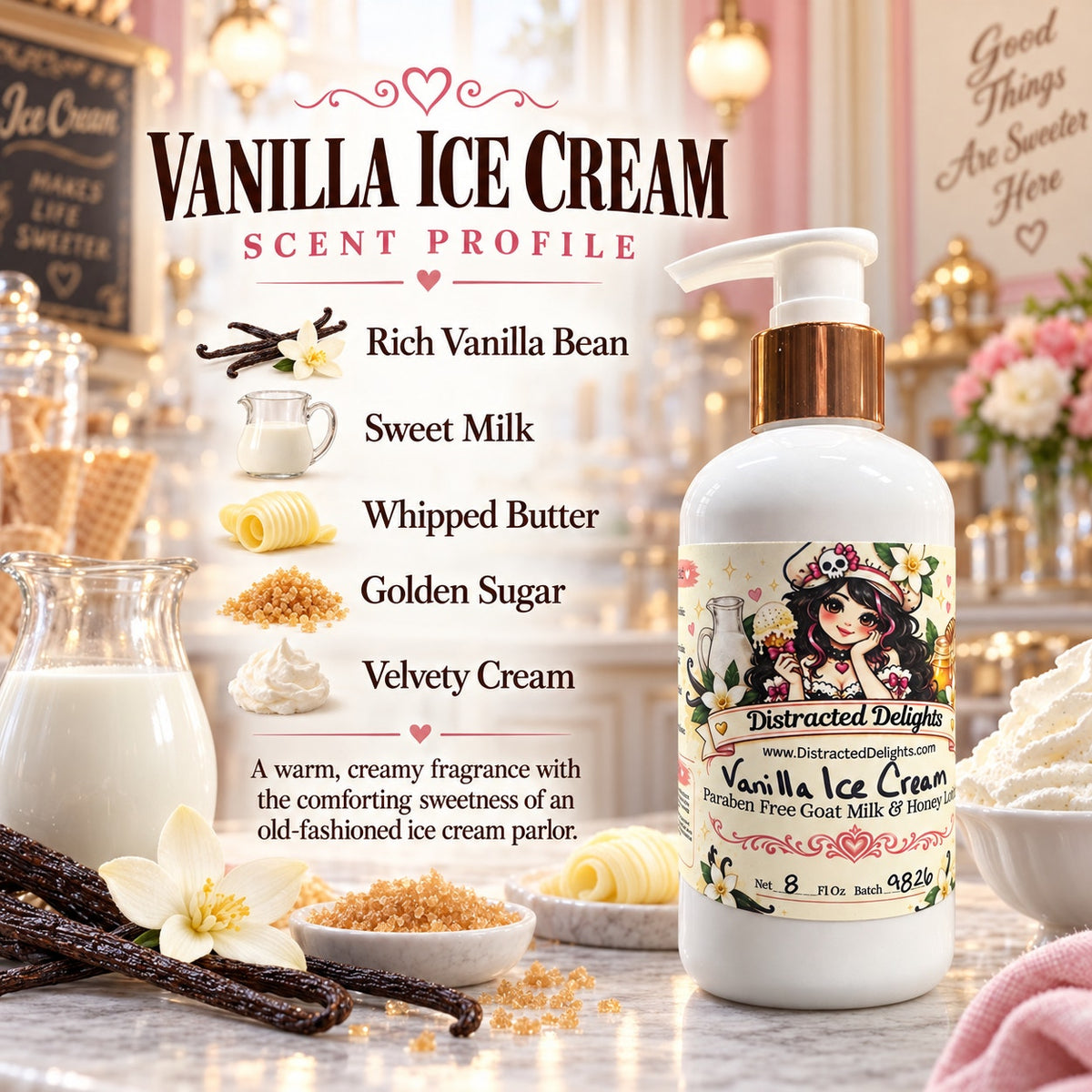 Gourmand Vanilla Ice Cream Paraben Free Goat Milk & Honey Lotion