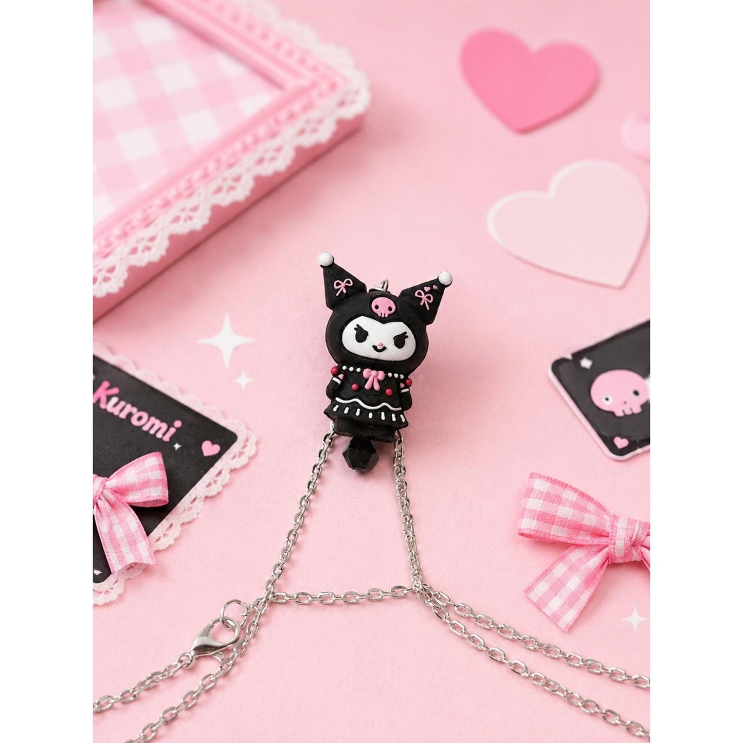 Kuromi Necklace | Kawaii Goth Pendant Necklace | Cute Sanrio Inspired Jewelry | 18” Chain | Pink & Black Kuromi Gift for Her