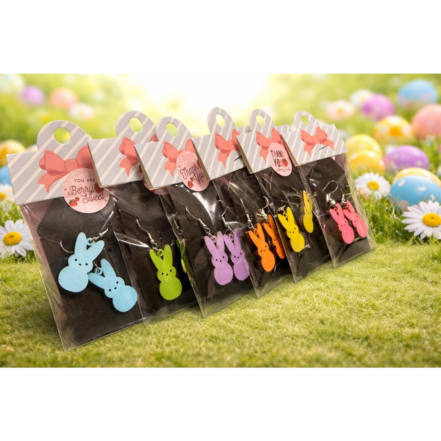 Easter Peeps Bunny Earrings Set – Pastel Wooden Dangle Jewelry