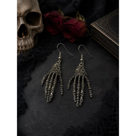 Skeleton Hand Dangle Earrings Gothic Halloween Silver Tone Spooky Jewelry