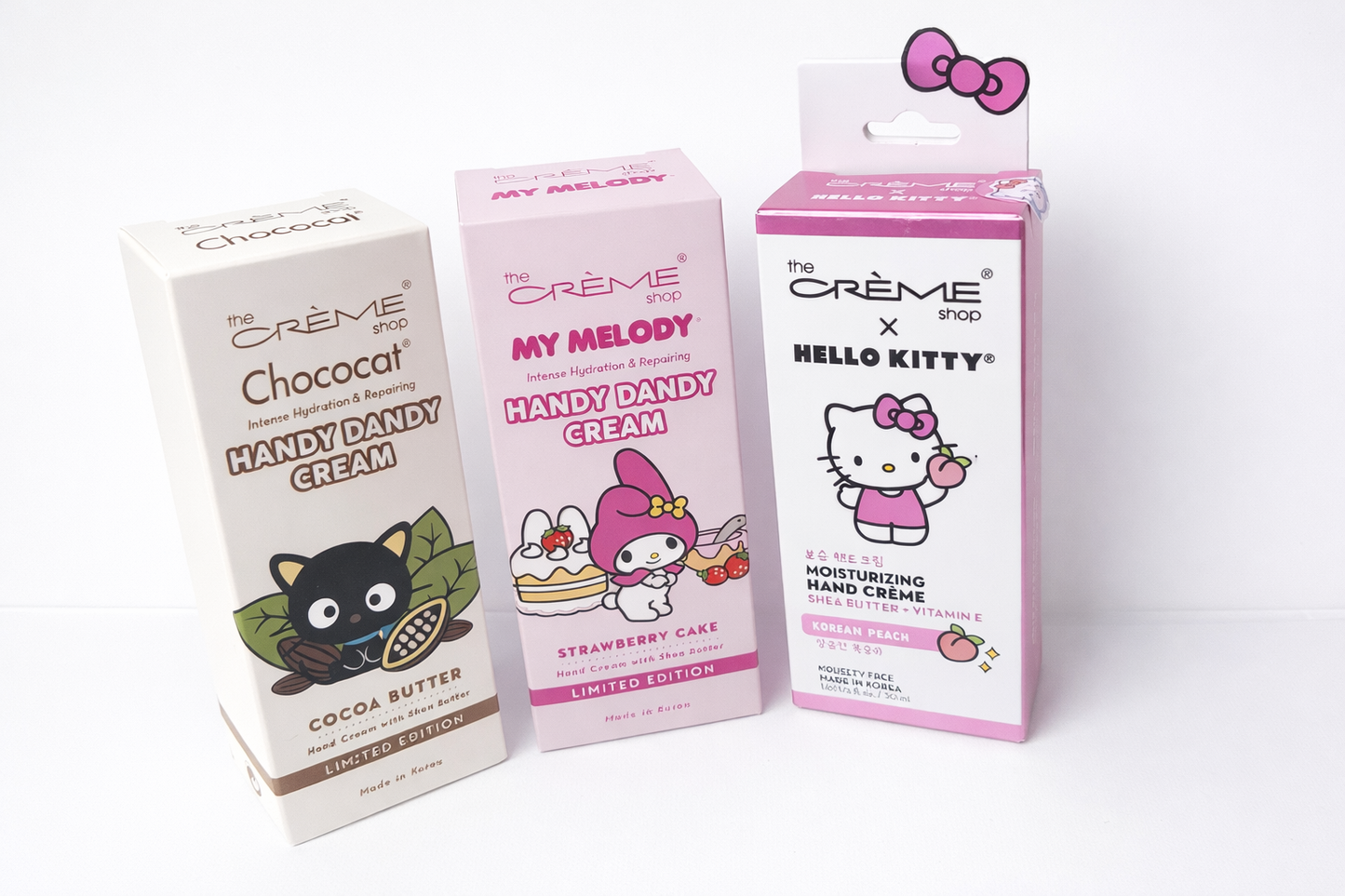 Hello Kitty x The Crème Shop Hand Cream Bundle – 3 Piece Kawaii Lotion Set (My Melody, Chococat, Peach)