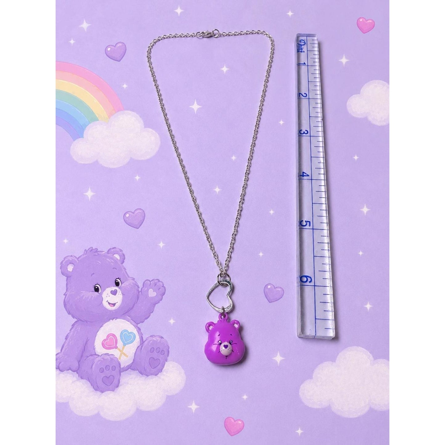 Purple Cheer Bear Inspired Necklace | Handmade Kawaii Bear Pendant | Silver Tone 18” Necklace | Heart Pendant | Cute Resin Jewelry