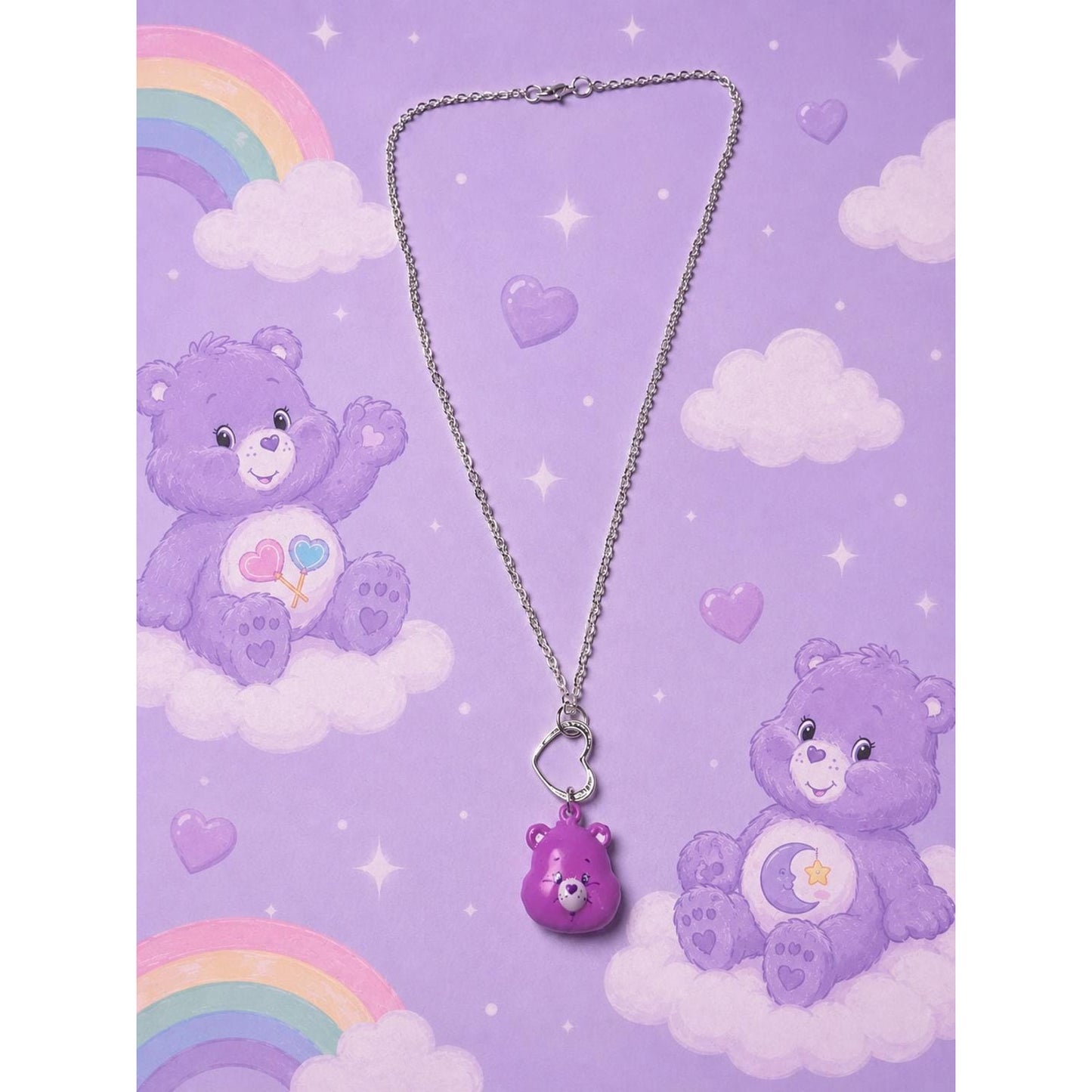 Purple Cheer Bear Inspired Necklace | Handmade Kawaii Bear Pendant | Silver Tone 18” Necklace | Heart Pendant | Cute Resin Jewelry