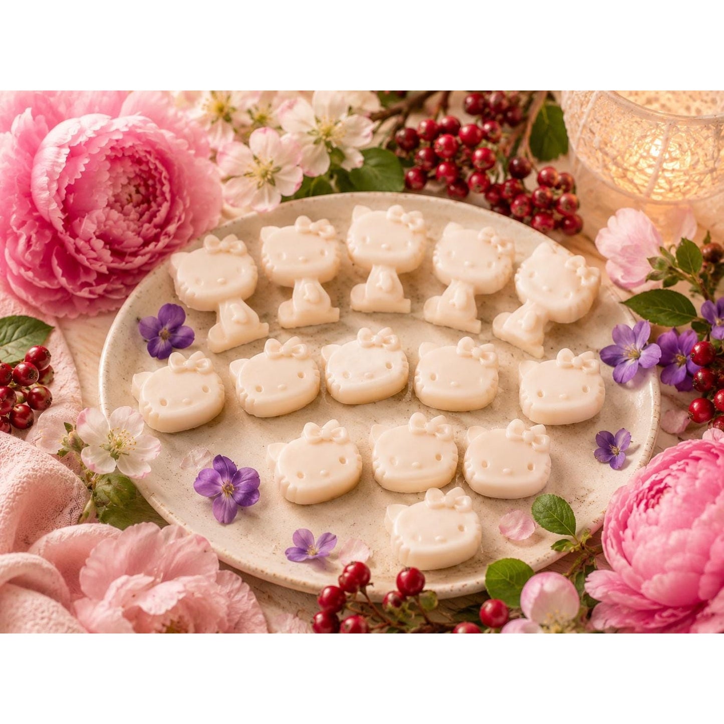 Hello Kitty Inspired Wax Melts | Sanrio Inspired Blushing Peony Wax Tarts | Kawaii Soy Wax Melts | 15 Piece Gift Bag | Cute Home Fragrance