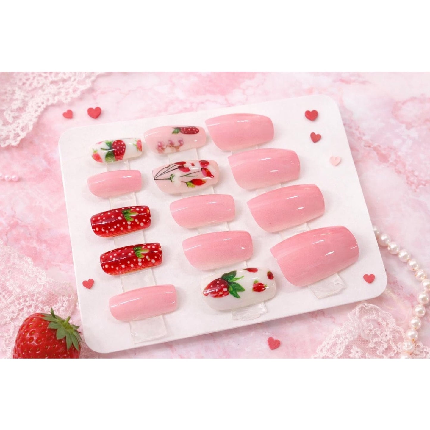 Size XL Strawberry Milkcore Press Glue On Nails 14 Pieces