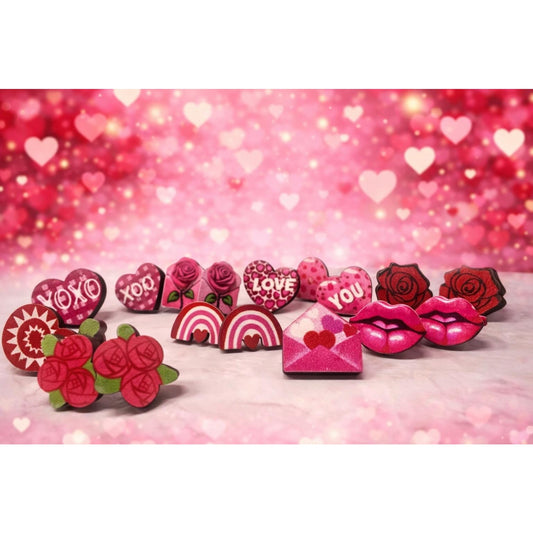 Valentine’s Wooden Stud Earrings Set – 7 Coordinated Pairs of Festive Studs