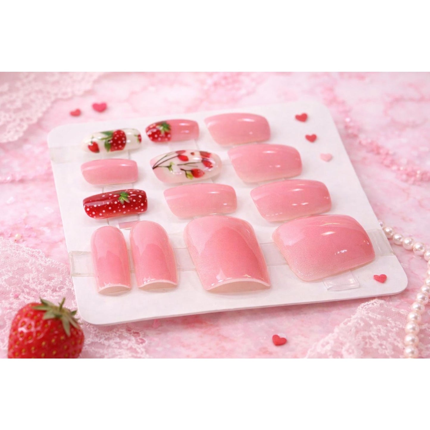 Size XL Strawberry Milkcore Press Glue On Nails 14 Pieces