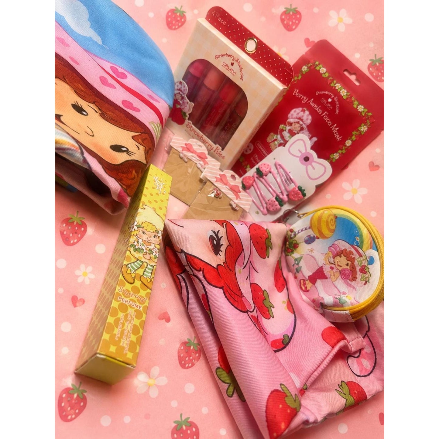 XL Strawberry Shortcake Gift Bundle 15 Piece Kawaii Gift Set Tote Bag, Pillow Cover, Lip Gloss, Perfume, Earrings, Hair Clips One of a Kind