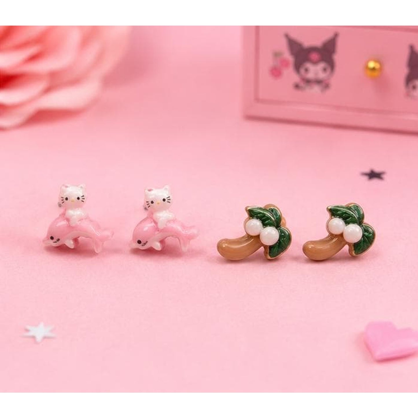 Hello Kitty Pink Dolphin & Palm Tree Stud Earrings Set, Cute Summer Resin Earrings, Beach Kitty Earrings, Tropical Jewelry Gift