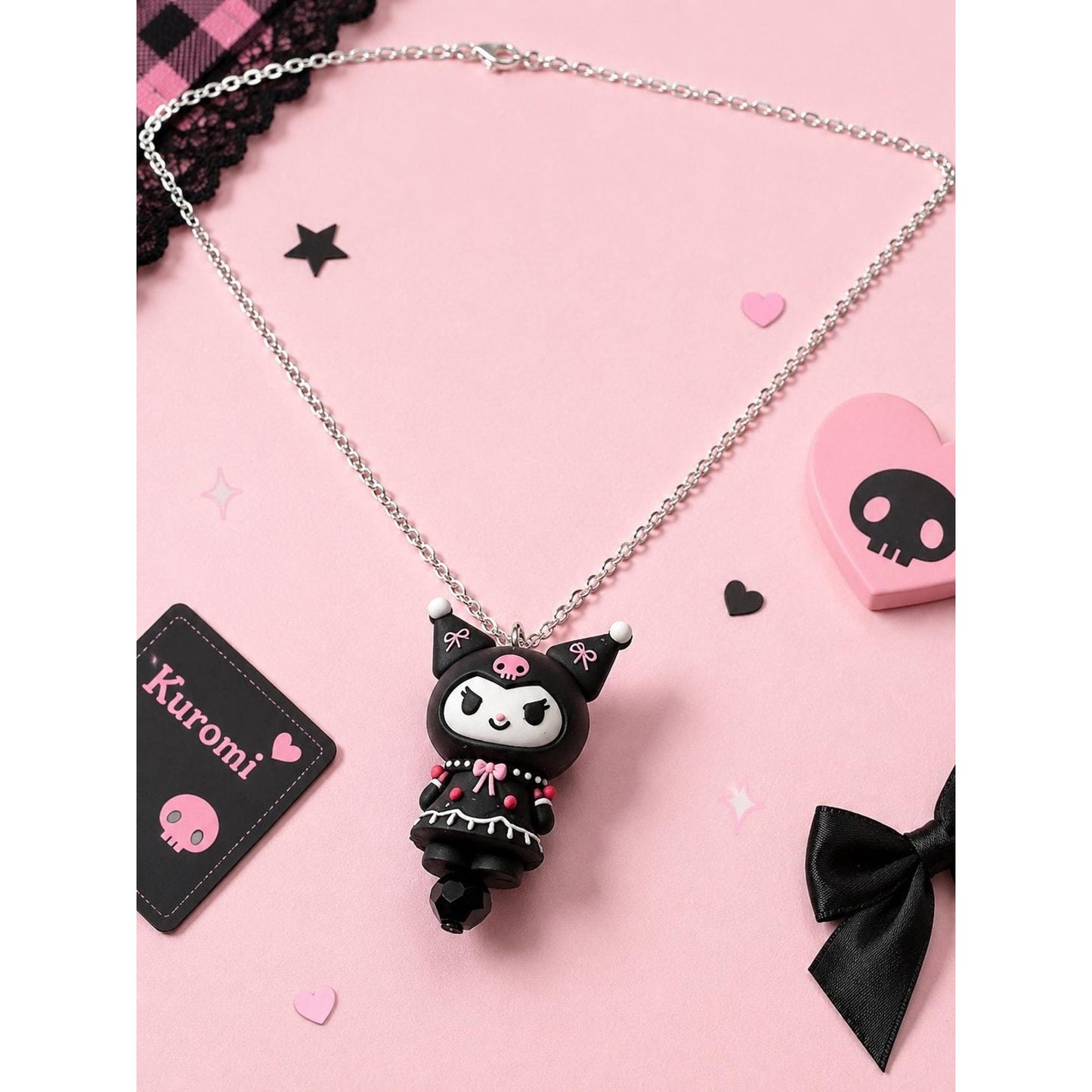 Kuromi Necklace | Kawaii Goth Pendant Necklace | Cute Sanrio Inspired Jewelry | 18” Chain | Pink & Black Kuromi Gift for Her
