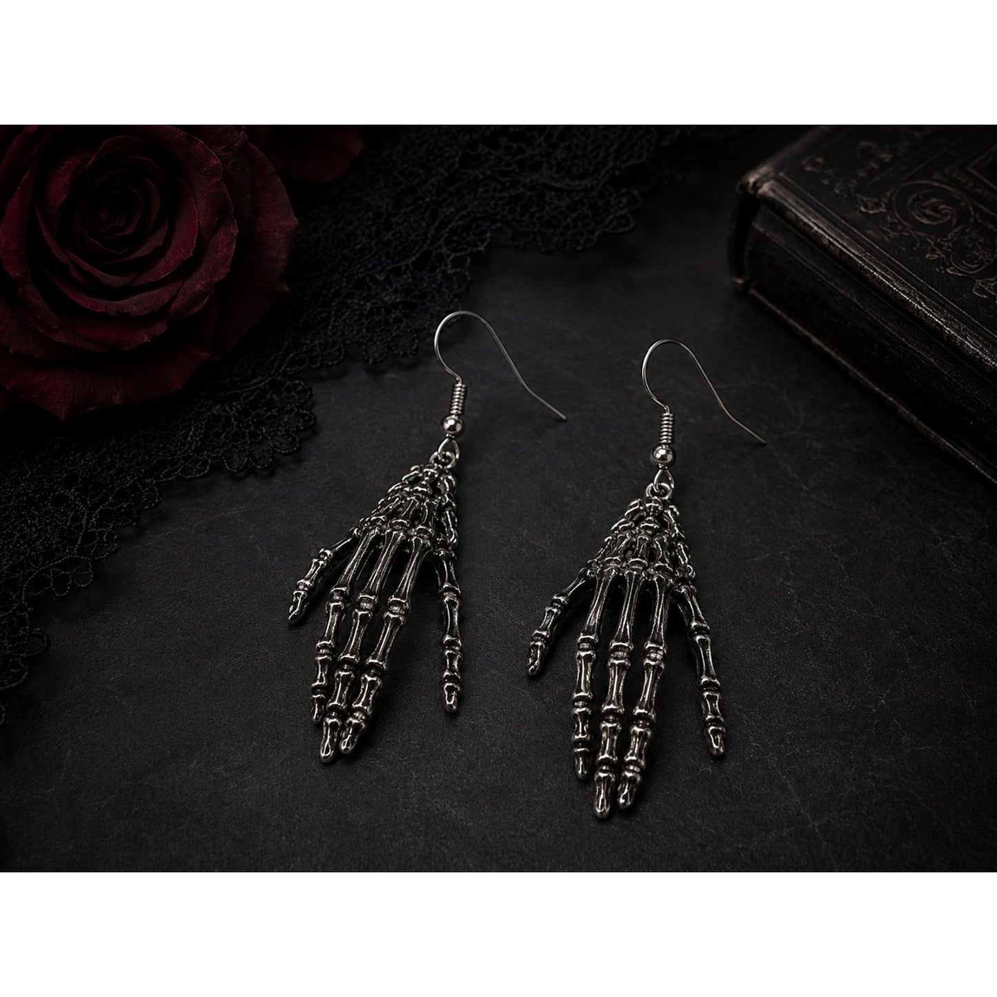 Skeleton Hand Dangle Earrings Gothic Halloween Silver Tone Spooky Jewelry