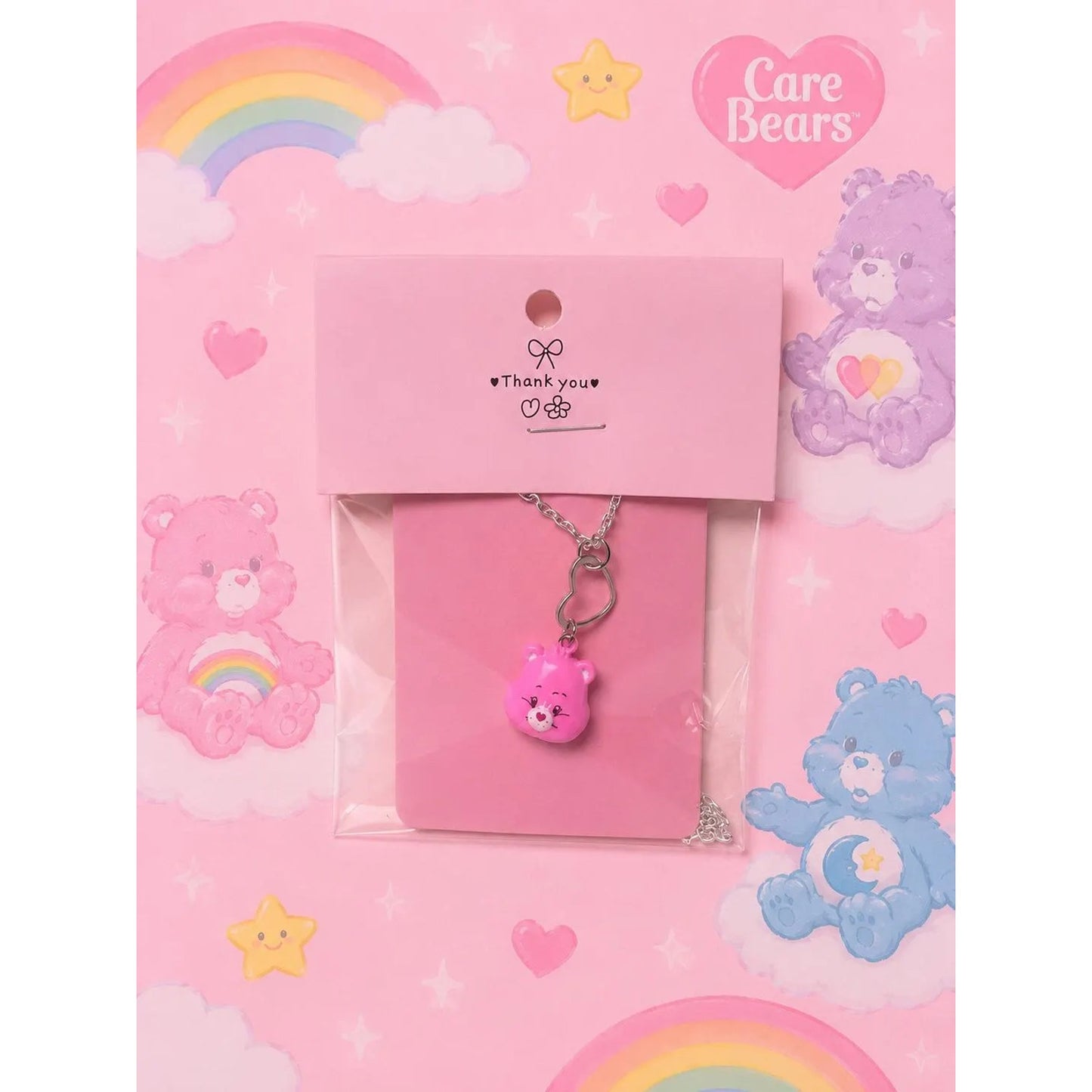 Cheer Bear Care Bear Pink Teddy Bear Necklace With Heart Design
