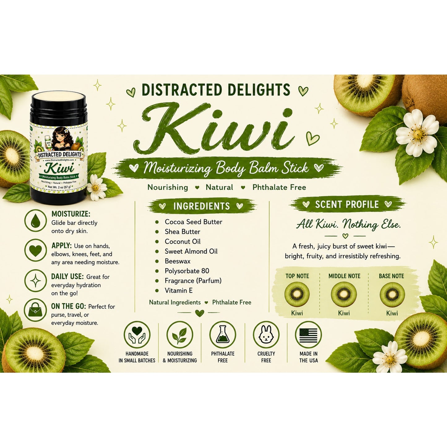 Kiwi Moisturizing Body Balm Stick 2 oz Natural Lotion Bar Dry Skin Phthalate Fre