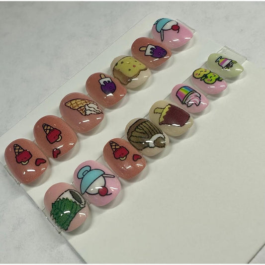 HAND CRAFTED NAIL SET OF 15 GLUE OR PRESS ON SIZE SMALL FOOD THEME