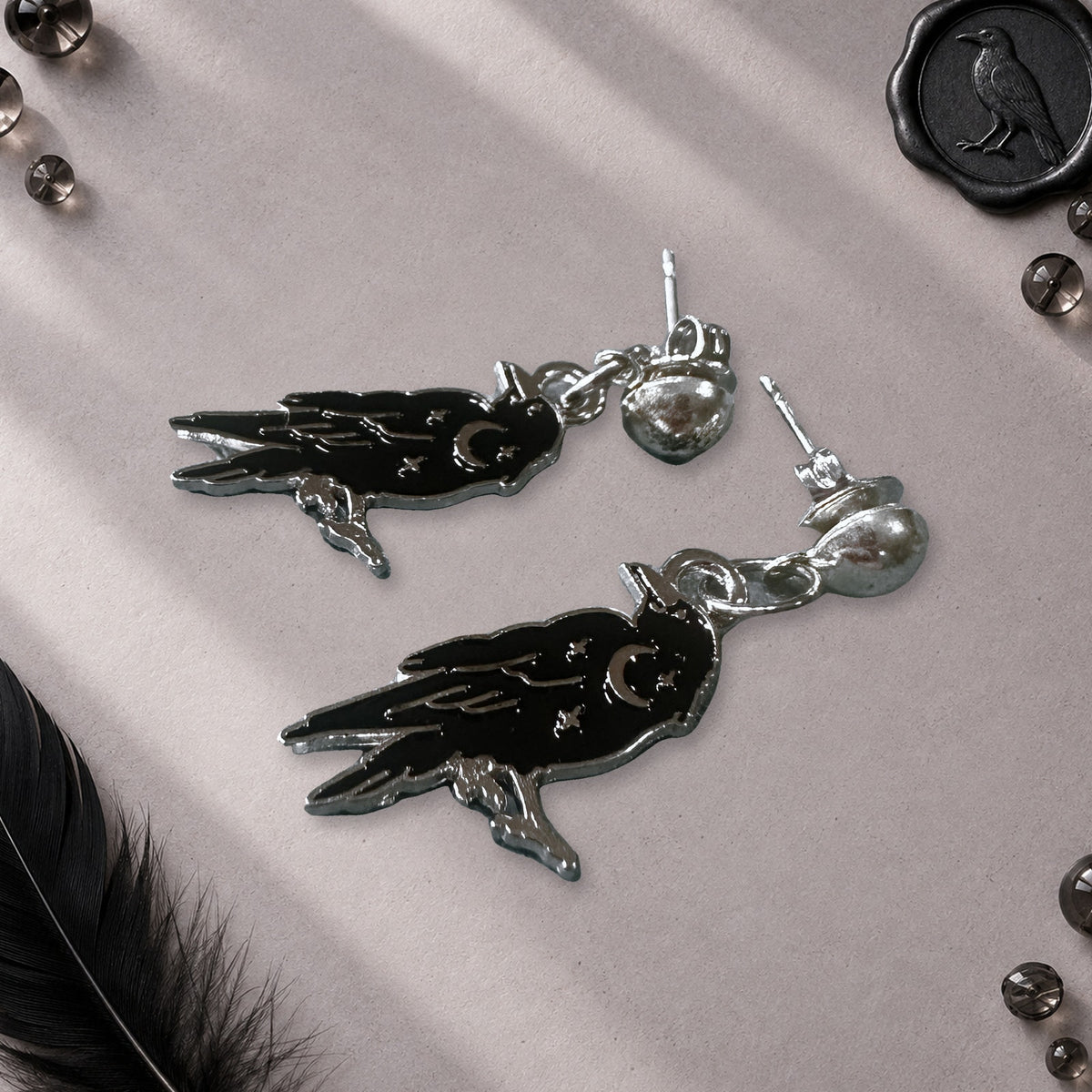 Witchy Goth Crow Raven Dangle Stud Earrings