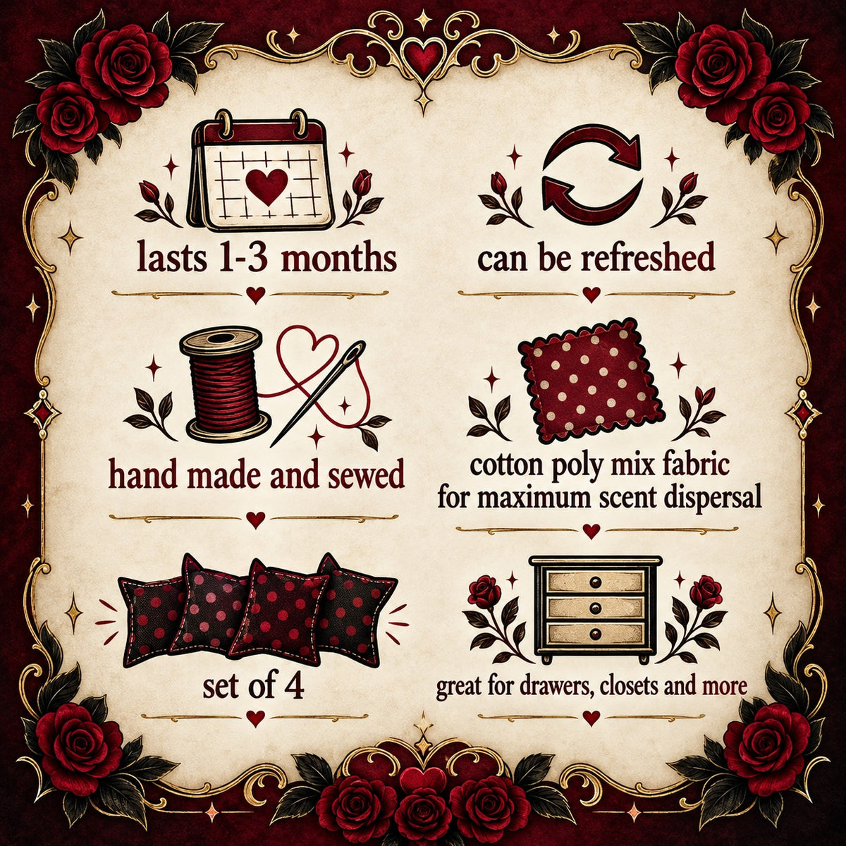 Blood Rose Scent Sachets Set of 4 Drawer & Closet Fresheners