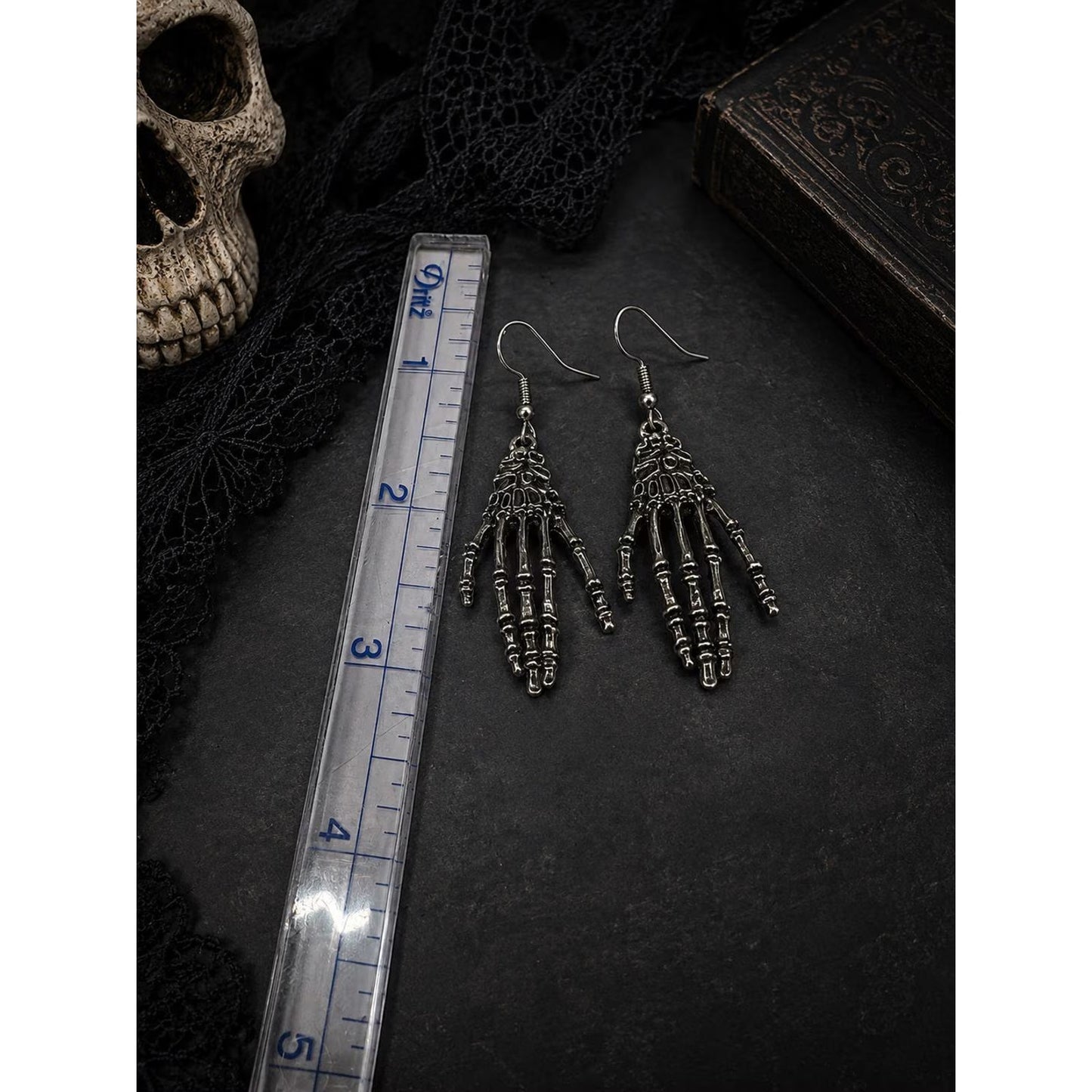Skeleton Hand Dangle Earrings Gothic Halloween Silver Tone Spooky Jewelry