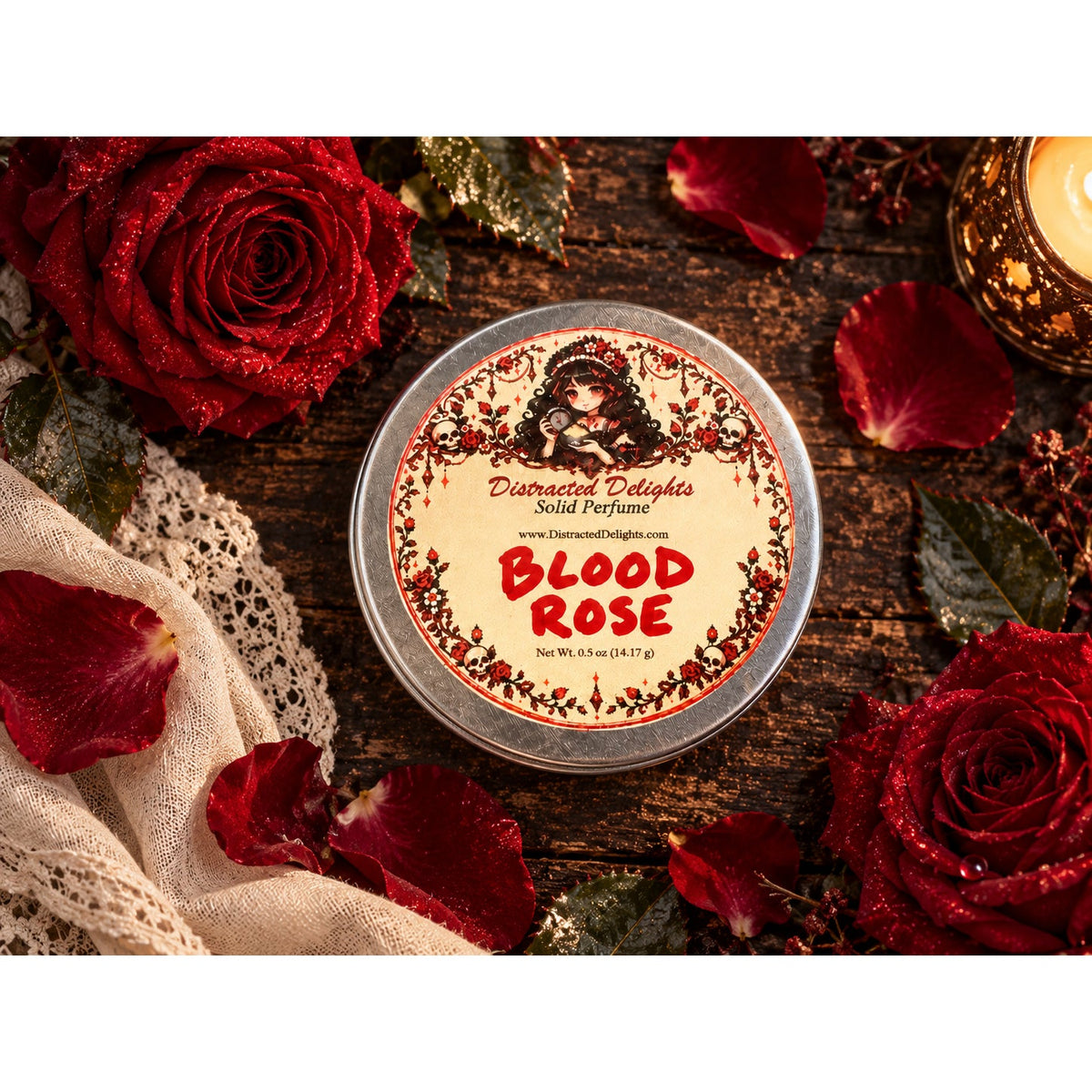 Blood Rose Solid Perfume, Burgundy Rose & Wine Fragrance with Musk and Apple Wood, .5 oz Travel Tin, Handmade Perfume Gift
