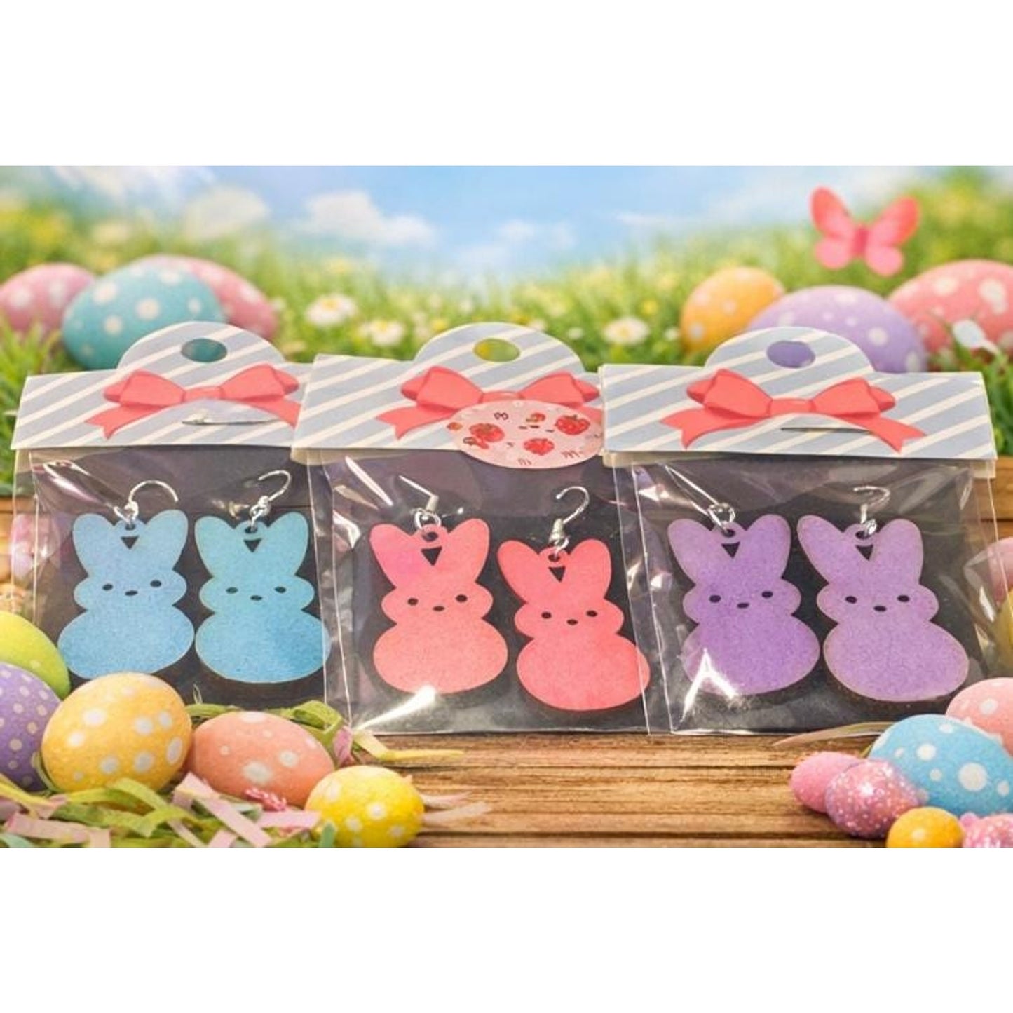 Easter Peeps Bunny Earrings Set – Pastel Wooden Dangle Jewelry