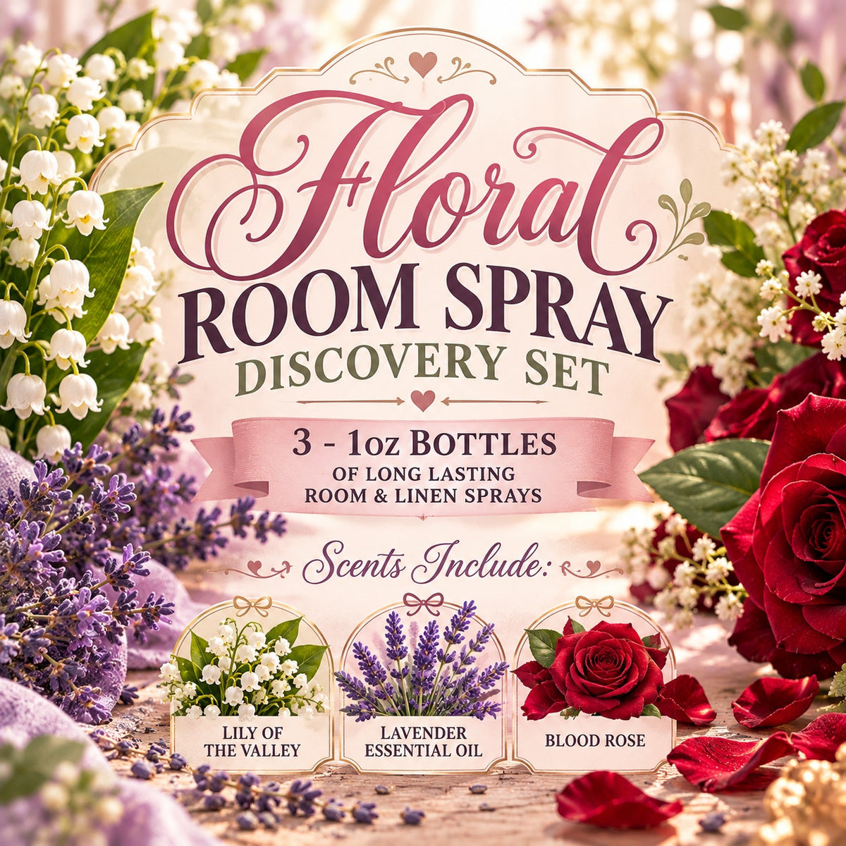 Floral Room Spray Discovery Set-Lavender, Lily Of The Valley, Rose-3-1oz Bottles