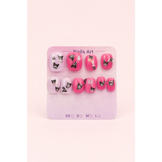 Kuromi Press On Nails – Handmade Pink Kawaii Nail Set – Medium Short Square Nails – Sanrio Inspired Nail Art