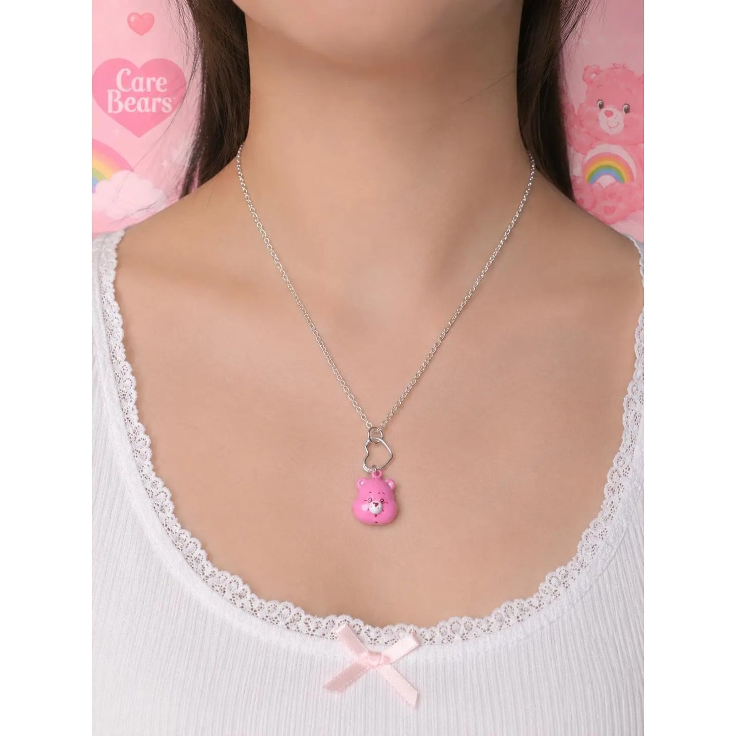 Cheer Bear Care Bear Pink Teddy Bear Necklace With Heart Design