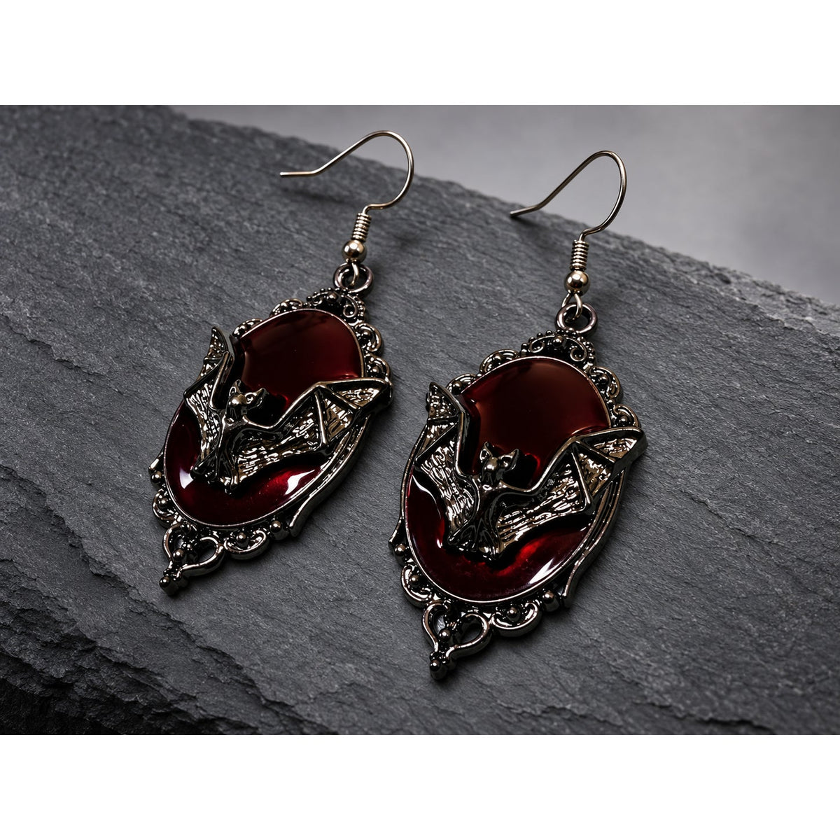 Gothic Bat Dangle Earrings | Wine Red Oval Earrings with Ornate Dark Metal Frames | Handmade Gothic Jewelry