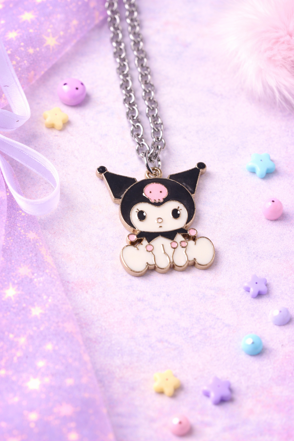 Kuromi Necklace Set of 3, Sanrio Inspired Jewelry Bundle, 24” Silver Chain Charms, Handmade Kawaii Goth Gift Set