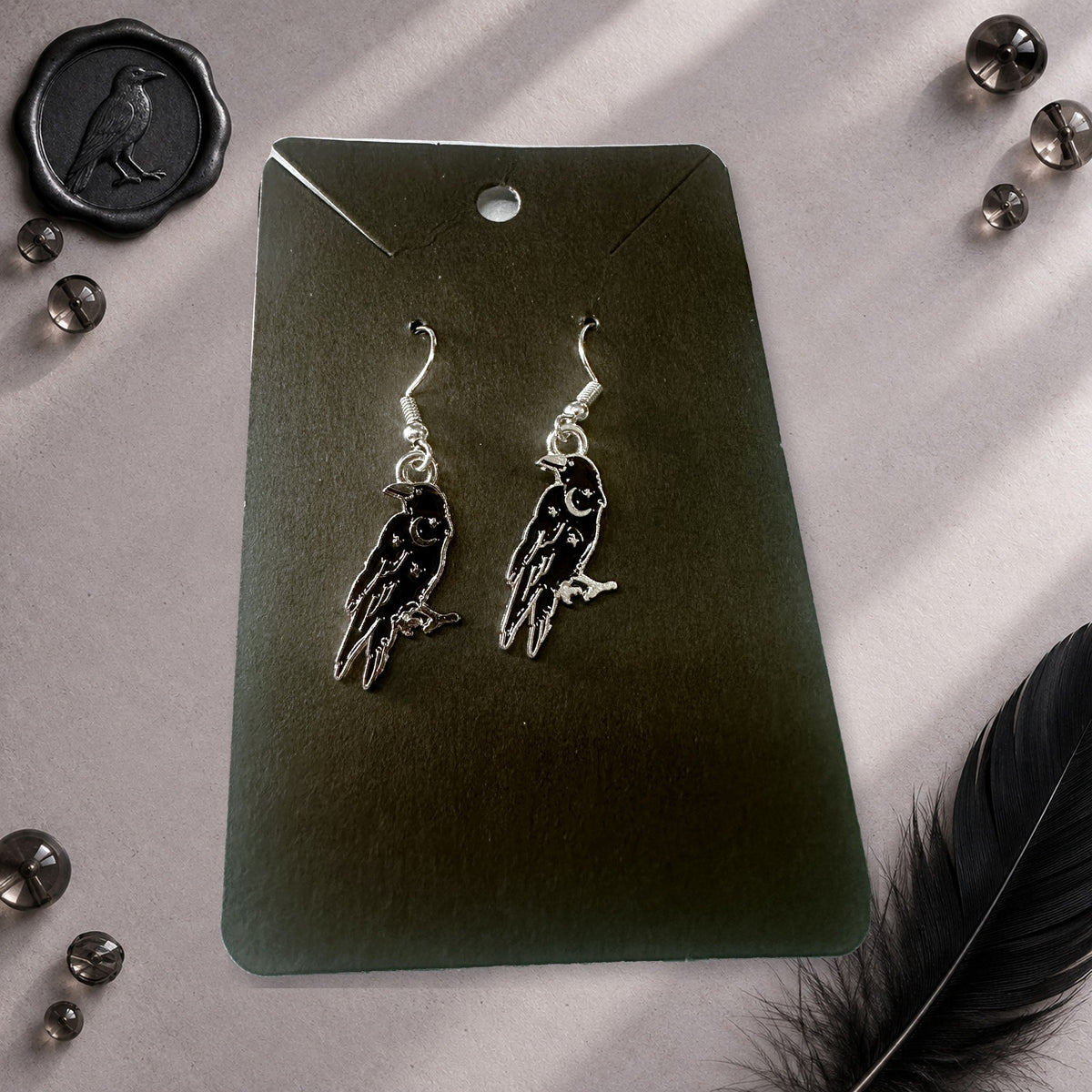 Gothic Witchy Crow Raven Dangle French Wire Earrings