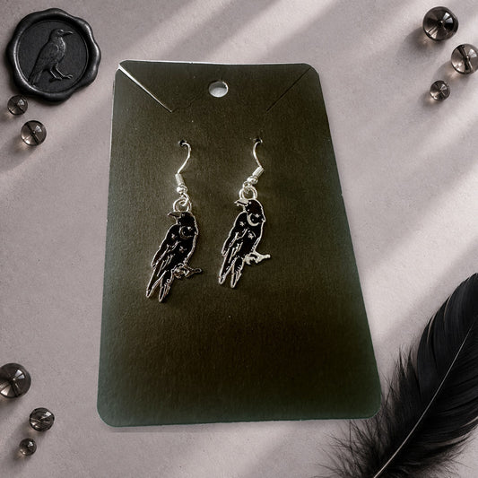 Gothic Witchy Crow Raven Dangle French Wire Earrings
