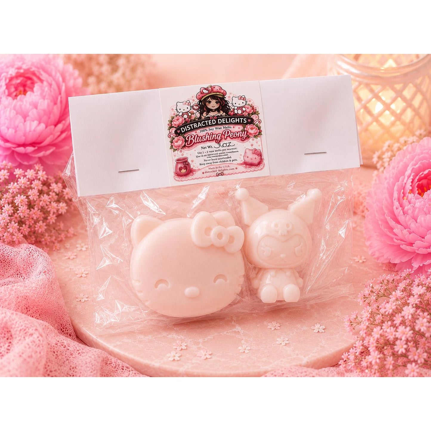 Hello Kitty & Kuromi Wax Melts | Blushing Peony Scent | Large 3D Character Wax Melts | Sanrio Inspired Home Fragrance | 3 oz Total
